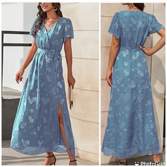NWT Simplee  Short Sleeve Wrap Maxi Dress V Neck Burnout Floral Formal Dress - Picture 1 of 14